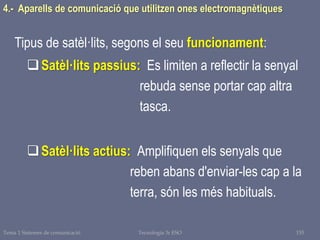 Satèl·lits passius: Es limiten a reflectir la senyal
rebuda sense portar cap altra
tasca.
Satèl·lits actius: Amplifiquen els senyals que
reben abans d'enviar-les cap a la
terra, són les més habituals.
4.- Aparells de comunicació que utilitzen ones electromagnètiques
Tipus de satèl·lits, segons el seu funcionament:
Tema 1 Sistemes de comunicació 155Tecnologia 3r ESO
 