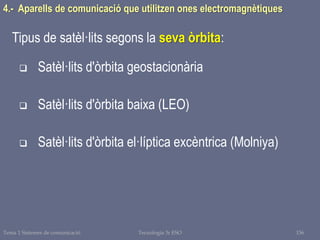  Satèl·lits d'òrbita geostacionària
 Satèl·lits d'òrbita baixa (LEO)
 Satèl·lits d'òrbita el·líptica excèntrica (Molniya)
4.- Aparells de comunicació que utilitzen ones electromagnètiques
Tipus de satèl·lits segons la seva òrbita:
Tema 1 Sistemes de comunicació 156Tecnologia 3r ESO
 