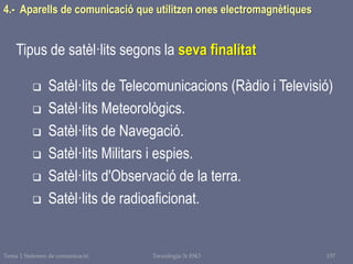  Satèl·lits de Telecomunicacions (Ràdio i Televisió)
 Satèl·lits Meteorològics.
 Satèl·lits de Navegació.
 Satèl·lits Militars i espies.
 Satèl·lits d'Observació de la terra.
 Satèl·lits de radioaficionat.
4.- Aparells de comunicació que utilitzen ones electromagnètiques
Tipus de satèl·lits segons la seva finalitat
Tema 1 Sistemes de comunicació 157Tecnologia 3r ESO
 