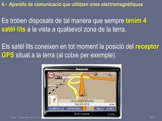 Tema 1 Sistemes de comunicació Tecnologia 3r ESO 161
4.- Aparells de comunicació que utilitzen ones electromagnètiques
Es troben disposats de tal manera que sempre tenim 4
satèl·lits a la vista a qualsevol zona de la terra.
Els satèl·lits coneixen en tot moment la posició del receptor
GPS situat a la terra (al cotxe per exemple).
 
