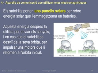 Tema 1 Sistemes de comunicació Tecnologia 3r ESO 165
Els satèl·lits porten uns panells solars per rebre
energia solar que l'emmagatzema en bateries.
Aquesta energia després la
utilitza per enviar els senyals,
i en cas que el satèl·lit es
desviï de la seva òrbita, per
impulsar uns motors que li
retornen a l'òrbita inicial.
4.- Aparells de comunicació que utilitzen ones electromagnètiques
 