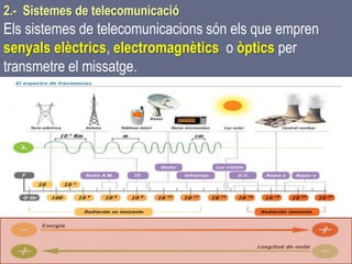 Tema 1 Sistemes de comunicació Tecnologia 3r ESO 19
Els sistemes de telecomunicacions són els que empren
senyals elèctrics, electromagnètics o òptics per
transmetre el missatge.
2.- Sistemes de telecomunicació
 