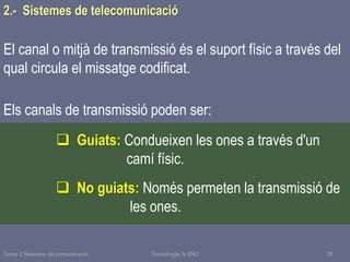 Tema 1 Sistemes de comunicació Tecnologia 3r ESO 20
2.- Sistemes de telecomunicació
El canal o mitjà de transmissió és el suport físic a través del
qual circula el missatge codificat.
Els canals de transmissió poden ser:
 Guiats: Condueixen les ones a través d'un
camí físic.
 No guiats: Només permeten la transmissió de
les ones.
 