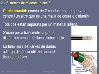 Tema 1 Sistemes de comunicació Tecnologia 3r ESO 24
2.- Sistemes de telecomunicació
Cable coaxial: consta de 2 conductors, un que va al
centre i un altre que és una malla de coure o d'alumini.
Tots dos estan separats per un material aïllant.
S'usen per a transmetre a grans
distàncies sense pèrdues d'informació.
La televisió i les xarxes de dades
a llarga distància utilitzen aquest
tipus de cables.
 