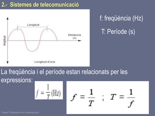 Tema 1 Sistemes de comunicació Tecnologia 3r ESO 41
La freqüència i el període estan relacionats per les
expressions:
2.- Sistemes de telecomunicació
T: Període (s)
f: freqüència (Hz)
 