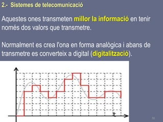 Tema 1 Sistemes de comunicació Tecnologia 3r ESO 51
Aquestes ones transmeten millor la informació en tenir
només dos valors que transmetre.
Normalment es crea l'ona en forma analògica i abans de
transmetre es converteix a digital (digitalització).
2.- Sistemes de telecomunicació
 