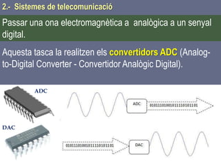 Tema 1 Sistemes de comunicació Tecnologia 3r ESO 53
2.- Sistemes de telecomunicació
Aquesta tasca la realitzen els convertidors ADC (Analog-
to-Digital Converter - Convertidor Analògic Digital).
Passar una ona electromagnètica a analògica a un senyal
digital.
ADC
DAC
 