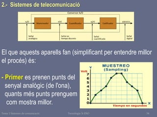 Tema 1 Sistemes de comunicació Tecnologia 3r ESO 54
2.- Sistemes de telecomunicació
El que aquests aparells fan (simplificant per entendre millor
el procés) és:
- Primer es prenen punts del
senyal analògic (de l'ona),
quants més punts prenguem
com mostra millor.
 