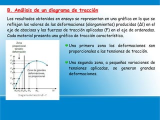 B. Análisis de un diagrama de tracción
Los resultados obtenidos en ensayo se representan en una gráfica en la que se
reflejan los valores de las deformaciones (alargamientos) producidas (Δl) en el
eje de abscisas y las fuerzas de tracción aplicadas (F) en el eje de ordenadas.
Cada material presenta una gráfica de tracción característica.
Una primera zona las deformaciones son
proporcionales a las tensiones de tracción.
Una segunda zona, a pequeñas variaciones de
tensiones aplicadas, se generan grandes
deformaciones.
 