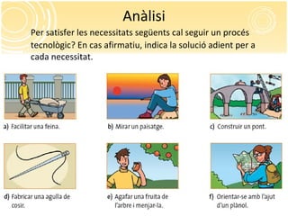 Anàlisi Per satisfer les necessitats següents cal seguir un procés tecnològic? En cas afirmatiu, indica la solució adient per a cada necessitat. 