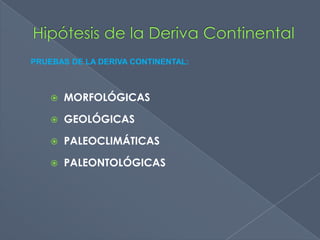 PRUEBAS DE LA DERIVA CONTINENTAL:



       MORFOLÓGICAS

       GEOLÓGICAS

       PALEOCLIMÁTICAS

       PALEONTOLÓGICAS
 