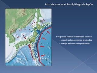 Arco de islas en el Archipiélago de Japón




         Los puntos indican la actividad sísmica.
            - en azul: seísmos menos profundos
            - en rojo: seísmos más profundos
 
