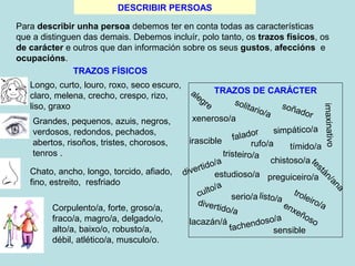 DESCRIBIR PERSOAS
Para describir unha persoa debemos ter en conta todas as características
que a distinguen das demais. Debemos incluír, polo tanto, os trazos físicos, os
de carácter e outros que dan información sobre os seus gustos, afeccións e
ocupacións.
TRAZOS FÍSICOS

Grandes, pequenos, azuis, negros,
verdosos, redondos, pechados,
abertos, risoños, tristes, chorosos,
tenros .

a
an
n/
tá

Corpulento/a, forte, groso/a,
fraco/a, magro/a, delgado/o,
alto/a, baixo/o, robusto/a,
débil, atlético/a, musculo/o.

s
te

Chato, ancho, longo, torcido, afiado,
fino, estreito, resfriado

TRAZOS DE CARÁCTER
ale
gr
soli
e
soña
tario
dor
/a
xeneroso/a
simpático/a
r
alado
irascible f
rufo/a
tímido/a
tristeiro/a
chistoso/a
ido/a
rt
dive
estudioso/a preguiceiro/a
a
lto/
t ro
cu
leir
serio/a listo/a
o/a
diver
en
tido/a
xe
ño
so
/a
o
lacazán/á
endos
fach
sensible

imaxinativo

Longo, curto, louro, roxo, seco escuro,
claro, melena, crecho, crespo, rizo,
liso, graxo

 
