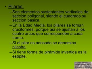 Pilares: Son elementos sustentantes verticales de sección poligonal, siendo el cuadrado su sección básica. En la Edad Media, los pilares se tornan cruciformes, porque así se ajustan a los cuatro arcos que corresponden a cada tramo.  Si el pilar es adosado se denomina  pilastra . Si tiene forma de pirámide invertida es la  estípite . 