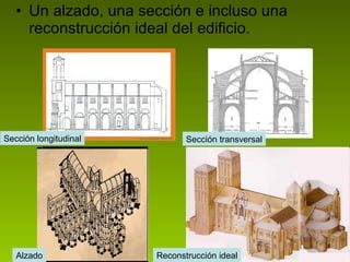 Un alzado, una sección e incluso una reconstrucción ideal del edificio. Alzado Sección longitudinal Sección transversal Reconstrucción ideal 