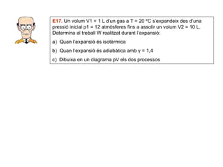 E17. Un volum V1 = 1 L d’un gas a T = 20 ºC s’expandeix des d’una 
pressió inicial p1 = 12 atmòsferes fins a assolir un volum V2 = 10 L. 
Determina el treball W realitzat durant l’expansió: 
a) Quan l’expansió és isotèrmica 
b) Quan l’expansió és adiabàtica amb γ = 1,4 
c) Dibuixa en un diagrama pV els dos processos 
 