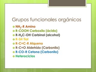 Grupos funcionales orgánicos
 NH2-R  Amino
 R-COOH Carboxilo (ácido)
 R-H2C-OH Carbinol (alcohol)
 R-SH Tiol
 R-C=C-R Alqueno
 R-C=O Aldehído (Carbonilo)
 R-CO-R Cetona (Carbonilo)
 Heterociclos
 