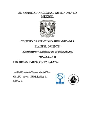 UNVERSIDAD NACIONAL AUTONOMA DE
                MEXICO.




       COLEGIO DE CIENCIAS Y HUMANIDADES

                    PLANTEL ORIENTE.

        Estructura y procesos en el ecosistema.
                        BIOLOGIA II.
LUZ DEL CARMEN GOMEZ SALAZAR.


- ALUMNA: Alarcón Torres María Félix

GRUPO: 424-A NUM. LISTA: 3.

MESA: 1.
 