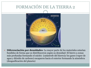 FORMACIÓN DE LA TIERRA 2

 Diferenciación por densidades: La mayor parte de los materiales estarían

fundidos de forma que se distribuyeron según su densidad: El hierro a zonas
más profundas formando el núcleo (catástrofe del hierro)y los gases (vapor de
agua y dióxido de carbono) escaparon hacia el exterior formando la atmósfera
(desgasificación del planeta)

 