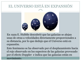 EL UNIVERSO ESTÁ EN EXPANSIÓN

En 1929 E. Hubble descubrió que las galaxias se alejan
unas de otras a velocidades directamente proporcionales a
su distancia, por lo que dedujo que el Universo está en
expansión.
Este fenómeno se ha observado por el desplazamiento hacia
el rojo observado en los espectros de las galaxias provocado
por el efecto Doppler e indica que las galaxias están en
movimiento.

 