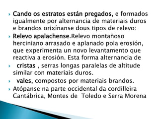  Cando os estratos están pregados, e formados
igualmente por alternancia de materiais duros
e brandos orixínanse dous tipos de relevo:
 Relevo apalachense.Relevo montañoso
herciniano arrasado e aplanado pola erosión,
que experimenta un novo levantamento que
reactiva a erosión. Esta forma alternancia de
 cristas , serras longas paralelas de altitude
similar con materiais duros.
 vales, compostos por materiais brandos.
 Atópanse na parte occidental da cordilleira
Cantábrica, Montes de Toledo e Serra Morena
 