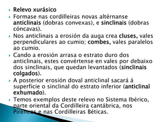  Relevo xurásico
 Formase nas cordilleiras novas altérnanse
anticlinais (dobras convexas), e sinclinais (dobras
cóncavas).
 Nos anticlinais a erosión da auga crea cluses, vales
perpendiculares ao cumio; combes, vales paralelos
ao cumio.
 Cando a erosión arrasa o estrato duro dos
anticlinais, estes convértense en vales por debaixo
dos sinclinais, que quedan levantados (sinclinais
colgados).
 A posterior erosión doval anticlinal sacará á
superficie o sinclinal do estrato inferior (anticlinal
exhumado).
 Temos exemplos deste relevo no Sistema Ibérico,
parte oriental da Cordilleira cantábrica, nos
Pireneos e nas Cordilleiras Béticas.
 