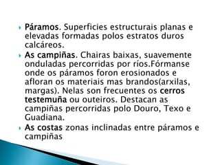  Páramos. Superficies estructurais planas e
elevadas formadas polos estratos duros
calcáreos.
 As campiñas. Chairas baixas, suavemente
onduladas percorridas por ríos.Fórmanse
onde os páramos foron erosionados e
afloran os materiais mas brandos(arxilas,
margas). Nelas son frecuentes os cerros
testemuña ou outeiros. Destacan as
campiñas percorridas polo Douro, Texo e
Guadiana.
 As costas zonas inclinadas entre páramos e
campiñas
 