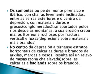  Os somontes ou pe de monte pirenaico e
ibérico, con chairas levemente inclinadas,
entre as serras exteriores e o centro da
depresión, con materiais duros e
grosos(conglomerados)transportados polos
ríos desde as montañas, a súa erosión creou
mallos (torreóns rochosos por fractura
vertical) e foxas(depresións sobre materiais
máis brandos)
 No centro da depresión altérnanse estratos
horizontais de calcarias duras e brandos de
arxilas, margas e xesos. Resulta así un relevo
de mesas (zona cha elevada)sobre as
calcarias e badlands sobre os brandos.
 