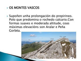  OS MONTES VASCOS
 Supoñen unha prolongación do prepirineo.
Polo que predomina o rochedo calcario.Con
formas suaves e moderada altitude, coas
máximas elevacións son Aralar e Peña
Gorbéa.
 