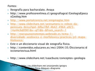 Fontes:
 Xeografía para bacharalato. Anaya
 http://www.profesorenlinea.cl/geografiagral/GeologiaEpoca
sGeolog.htm
 http://www.portalciencia.net/enigmaglac.htm
 http://www.slideshare.net/sennumero/o-relevo-da-
pennsula-ibrica?qid=bf6a1fbf-4b42-4964-a923-
14a44c6d0901&v=qf1&b=&from_search=1
 http://noespazoenotempo.webnode.es/tema-1-
diversidade-xeoloxica-e-morfoloxica/practicos/p3-mapa-
litoloxico/
 Este e un diccionario visual de xeografía física.
 http://contenidos.educarex.es/mci/2004/35/Diccionario/d
iccionariovisua.html
 http://www.slideshare.net/isaacbuzo/conceptos-geologia
 UNED http://es.slideshare.net/anaxipredo/geogra
fa-general-i-fsica-bloques-diagrama
 
