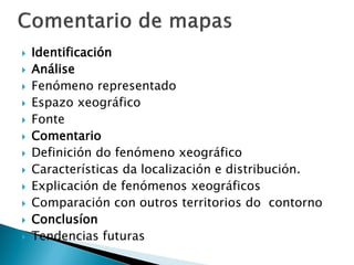  Identificación
 Análise
 Fenómeno representado
 Espazo xeográfico
 Fonte
 Comentario
 Definición do fenómeno xeográfico
 Características da localización e distribución.
 Explicación de fenómenos xeográficos
 Comparación con outros territorios do contorno
 Conclusíon
 Tendencias futuras
 