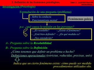 2. Definición de los fenómenos psicológicos.   Tema 3.  LAINVESTIGACIÓN PSICOLÓGICA.   Formulación de una pregunta (problema) Investigación  (Psicología) p.e. ¿qué causa la tensión en las personas? -. Sobre la conducta -. Funcionamiento mental -. ¿Es resoluble?  -.¿Existe el fenómeno? -. ¿Está bien definido?  -. ¿En qué medida ex?  -. ¿Nos entenderán? A-. Pregunta sobre la  Resolubilidad . Fenómenos psico. B-. Pregunta sobre la  Definición . ¿Cómo tenemos que definir un problema o hecho? Definiciones operacionales  (estrictas, reducidas, precisas, unív) Indica que un cierto fenómeno existe: cómo puede ser medido   procedimientos utilizados obs. 