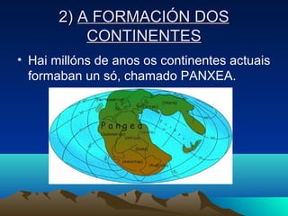 2)2) A FORMACIÓN DOSA FORMACIÓN DOS
CONTINENTESCONTINENTES
• Hai millóns de anos os continentes actuais
formaban un só, chamado PANXEA.
 