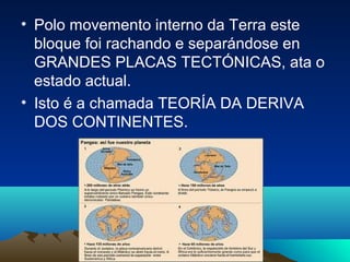 • Polo movemento interno da Terra este
bloque foi rachando e separándose en
GRANDES PLACAS TECTÓNICAS, ata o
estado actual.
• Isto é a chamada TEORÍA DA DERIVA
DOS CONTINENTES.
 