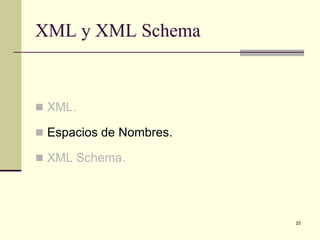 XML y XML Schema


 XML.

 Espacios de Nombres.

 XML Schema.




                         22
 