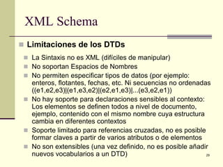 XML Schema
 Limitaciones de los DTDs
  La Sintaxis no es XML (difíciles de manipular)
  No soportan Espacios de Nombres
  No permiten especificar tipos de datos (por ejemplo:
   enteros, flotantes, fechas, etc. Ni secuencias no ordenadas
   ((e1,e2,e3)|(e1,e3,e2)|(e2,e1,e3)|...(e3,e2,e1))
  No hay soporte para declaraciones sensibles al contexto:
   Los elementos se definen todos a nivel de documento,
   ejemplo, contenido con el mismo nombre cuya estructura
   cambia en diferentes contextos
  Soporte limitado para referencias cruzadas, no es posible
   formar claves a partir de varios atributos o de elementos
  No son extensibles (una vez definido, no es posible añadir
   nuevos vocabularios a un DTD)                             29
 