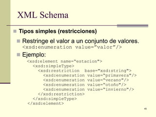 XML Schema
 Tipos simples (restricciones)
  Restringe el valor a un conjunto de valores.
   <xsd:enumeration value=”valor”/>
  Ejemplo:
     <xsd:element name=“estacion">
       <xsd:simpleType>
         <xsd:restriction base="xsd:string">
           <xsd:enumeration value=“primavera"/>
           <xsd:enumeration value=“verano"/>
           <xsd:enumeration value=“otoño"/>
           <xsd:enumeration value=“invierno"/>
         </xsd:restriction>
       </xsd:simpleType>
     </xsd:element>
                                                  45
 