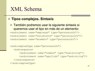 XML Schema
 Tipos complejos. Sintaxis
  También podremos usar la siguiente sintaxis si
   queremos usar el tipo en más de un elemento:
 <xsd:element name="empleado" type="personainfo"/>
 <xsd:element name="estudiante" type="personainfo"/>
 <xsd:element name="miembro" type="personainfo"/>

 <xsd:complexType name="personainfo">
    <xsd:sequence>
        <xsd:element name="nombre" type="xsd:string"/>
        <xsd:element name="apellido" type="xsd:string"/>
    </xsd:sequence>
 </xsd:complexType>
                                                           57
 
