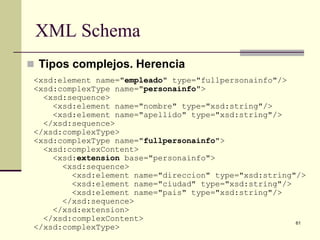 XML Schema
 Tipos complejos. Herencia
 <xsd:element name="empleado" type="fullpersonainfo"/>
 <xsd:complexType name="personainfo">
   <xsd:sequence>
     <xsd:element name="nombre" type="xsd:string"/>
     <xsd:element name="apellido" type="xsd:string"/>
   </xsd:sequence>
 </xsd:complexType>
 <xsd:complexType name="fullpersonainfo">
   <xsd:complexContent>
     <xsd:extension base="personainfo">
       <xsd:sequence>
         <xsd:element name="direccion" type="xsd:string"/>
         <xsd:element name="ciudad" type="xsd:string"/>
         <xsd:element name="pais" type="xsd:string"/>
       </xsd:sequence>
     </xsd:extension>
   </xsd:complexContent>                                61
 </xsd:complexType>
 