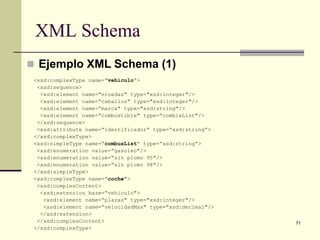 XML Schema
 Ejemplo XML Schema (1)
 <xsd:complexType name=“vehiculo”>
  <xsd:sequence>
   <xsd:element name="nruedas" type="xsd:integer"/>
   <xsd:element name=“caballos" type="xsd:integer"/>
   <xsd:element name=“marca" type="xsd:string"/>
   <xsd:element name=“combustible" type=“combisList"/>
  </xsd:sequence>
  <xsd:attribute name=“identificador” type=“xsd:string”>
 </xsd:complexType>
 <xsd:simpleType name=“combusList” type=“xsd:string”>
  <xsd:enumeration value=“gasoleo"/>
  <xsd:enumeration value=“sin plomo 95"/>
  <xsd:enumeration value=“sin plomo 98"/>
 </xsd:simpleType>
 <xsd:complexType name=“coche">
  <xsd:complexContent>
   <xsd:extension base=“vehiculo">
    <xsd:element name=“plazas" type="xsd:integer"/>
    <xsd:element name=“velocidadMax" type="xsd:decimal"/>
   </xsd:extension>
  </xsd:complexContent>                                     71
 </xsd:complexType>
 