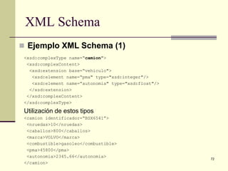 XML Schema
 Ejemplo XML Schema (1)
 <xsd:complexType name=“camion">
  <xsd:complexContent>
   <xsd:extension base=“vehiculo">
    <xsd:element name=“pma" type="xsd:integer"/>
    <xsd:element name=“autonomia" type="xsd:float"/>
   </xsd:extension>
  </xsd:complexContent>
 </xsd:complexType>

 Utilización de estos tipos
 <camion identificador=“BSX6541”>
  <nruedas>10</nruedas>
  <caballos>800</caballos>
  <marca>VOLVO</marca>
  <combustible>gasoleo</combustible>
  <pma>45800</pma>
  <autonomia>2345.66</autonomia>
                                                       72
 </camion>
 