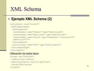 XML Schema
 Ejemplo XML Schema (2)
 <xsd:element name=“alumno”>
  <xsd:complexType>
   <xsd:sequence>
    <xsd:element name="nombre" type="xsd:string"/>
    <xsd:element name="apellidos" type="xsd:string"/>
    <xsd:element name="nacim" type="xsd:gYear” minOccurs="0“
    maxOccurs="1"/>
   </xs:sequence>
   <xs:attribute name="dni" type="xsd:integer"/>
  </xs:complexType>
 </xs:element>

 Utilización de estos tipos
 <alumno dni="9399390">
  <nombre>Juan</nombre>
  <apellidos>García García</apellidos>
  <nacim>1985</nacim>
                                                               73
 </alumno>
 