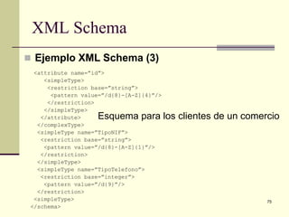 XML Schema
 Ejemplo XML Schema (3)
  <attribute name=”id”>
     <simpleType>
      <restriction base=”string”>
       <pattern value=”/d{8}-[A-Z]{4}”/>
      </restriction>
     </simpleType>
    </attribute>     Esquema para los clientes de un comercio
   </complexType>
   <simpleType name=”TipoNIF”>
    <restriction base=”string”>
     <pattern value=”/d{8}-[A-Z]{1}”/>
    </restriction>
   </simpleType>
   <simpleType name=”TipoTelefono”>
    <restriction base=”integer”>
     <pattern value=”/d{9}”/>
   </restriction>
  <simpleType>                                            75
 </schema>
 