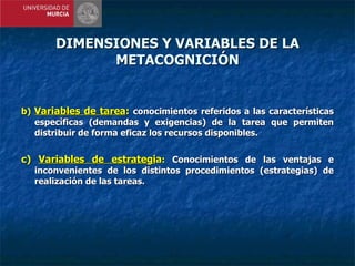 DIMENSIONES Y VARIABLES DE LA METACOGNICIÓN b)  Variables de tarea :   conocimientos referidos a las características específicas (demandas y exigencias) de la tarea que permiten distribuir de forma eficaz los recursos disponibles. c)  Variables de estrategi a :  Conocimientos de las ventajas e inconvenientes de los distintos procedimientos (estrategias) de realización de las tareas. 