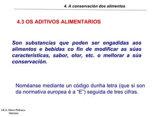 4. A conservación dos alimentos



             4.3 OS ADITIVOS ALIMENTARIOS



         Son substancias que poden ser engadidas aos
         alimentos e bebidas co fin de modificar as súas
         características, sabor, olor, etc. o mellorar a súa
         conservación.



            Noméanse mediante un código dunha letra (que si son
            da normativa europea é a “E”) seguida de tres cifras.


I.E.S. Otero Pedrayo.
       Ourense
 