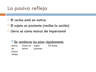 La pasiva refleja
   El verbo está en activa
   El sujeto es paciente (recibe la acción)
   Lleva se como marca de impersonal

     Se      vendieron los pisos rápidamente.
    Marca       Verbo en   Sujeto     CC Modo
    de          activa     paciente
    pasiva
    refleja
 