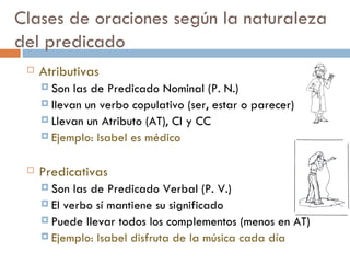 Clases de oraciones según la naturaleza
del predicado
    Atributivas
      Son  las de Predicado Nominal (P. N.)
      llevan un verbo copulativo (ser, estar o parecer)
      Llevan un Atributo (AT), CI y CC
      Ejemplo: Isabel es médico


    Predicativas
      Son  las de Predicado Verbal (P. V.)
      El verbo sí mantiene su significado
      Puede llevar todos los complementos (menos en AT)
      Ejemplo: Isabel disfruta de la música cada día
 