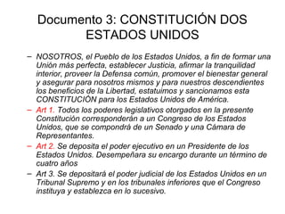 Documento 3: CONSTITUCIÓN DOS
        ESTADOS UNIDOS
– NOSOTROS, el Pueblo de los Estados Unidos, a fin de formar una
  Unión más perfecta, establecer Justicia, afirmar la tranquilidad
  interior, proveer la Defensa común, promover el bienestar general
  y asegurar para nosotros mismos y para nuestros descendientes
  los beneficios de la Libertad, estatuimos y sancionamos esta
  CONSTITUCIÓN para los Estados Unidos de América.
– Art 1. Todos los poderes legislativos otorgados en la presente
  Constitución corresponderán a un Congreso de los Estados
  Unidos, que se compondrá de un Senado y una Cámara de
  Representantes.
– Art 2. Se deposita el poder ejecutivo en un Presidente de los
  Estados Unidos. Desempeñara su encargo durante un término de
  cuatro años
– Art 3. Se depositará el poder judicial de los Estados Unidos en un
  Tribunal Supremo y en los tribunales inferiores que el Congreso
  instituya y establezca en lo sucesivo.
 