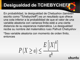Desigualdad de TCHEBYCHEFF
En probabilidad, la desigualdad de Chebyshov (también
escrito como "Tchebycheff") es un resultado que ofrece
una cota inferior a la probabilidad de que el valor de una
variable aleatoria con varianza finita esté a una cierta
distancia de su esperanza matemática. La desigualdad
recibe su nombre del matemático ruso Pafnuti Chebyshov
.
*Sea variable aleatoria con momento de orden finito,
entonces
 