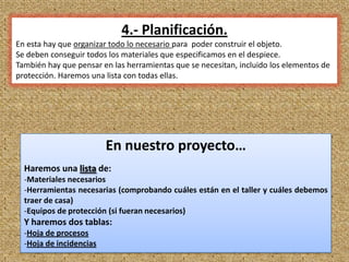 4.- Planificación.
En esta hay que organizar todo lo necesario para poder construir el objeto.
Se deben conseguir todos los materiales que especificamos en el despiece.
También hay que pensar en las herramientas que se necesitan, incluido los elementos de
protección. Haremos una lista con todas ellas.




                         En nuestro proyecto…
  Haremos una lista de:
  -Materiales necesarios
  -Herramientas necesarias (comprobando cuáles están en el taller y cuáles debemos
  traer de casa)
  -Equipos de protección (si fueran necesarios)
  Y haremos dos tablas:
  -Hoja de procesos
  -Hoja de incidencias
                                                                                    9
 